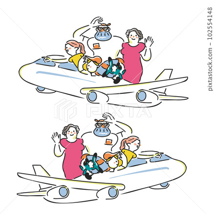 微笑的外國遊客與家人一起乘坐飛機入境設置插圖素材 102554148