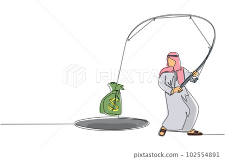 Single continuous line drawing Arabian businessman holding fishing rod got big money bag from hole. Man catching money bag with fishing rod. Business concept. One line draw design vector illustration Single continuous line drawing Arabian businessman holding fishing rod got big money bag from hole. Man catching money bag with fishing rod. Business concept. One line draw design vector illustration 102554891
