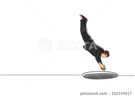 Single continuous line drawing businessman jump into hole. Concept of failure to take advantage of business opportunities. Depressed and business failure concept. One line draw graphic design vector 102554917