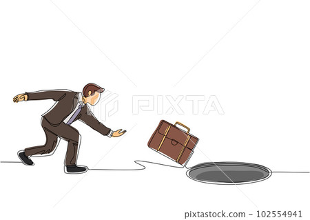 Single continuous line drawing businessman throws briefcase into hole. Failure to take advantage of business opportunities. Depressed and business failure concept. Dynamic one line draw design vector Single continuous line drawing businessman throws briefcase into hole. Failure to take advantage of business opportunities. Depressed and business failure concept. Dynamic one line draw design vector 102554941
