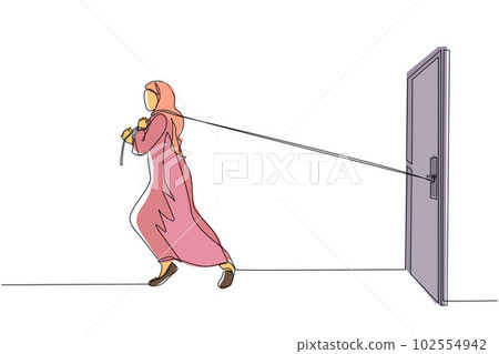 Single continuous line drawing Arab businesswoman trying hard to pulling rope to drag heavy door, metaphor to facing big problem. Business struggles. Strength for success. One line draw design vector Single continuous line drawing Arab businesswoman trying hard to pulling rope to drag heavy door, metaphor to facing big problem. Business struggles. Strength for success. One line draw design vector 102554942