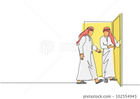 Single continuous line drawing Arab businessman at door welcomes his friend in. Man is inviting his friend to get into his house. Hospitality concept. One line draw graphic design vector illustration Single continuous line drawing Arab businessman at door welcomes his friend in. Man is inviting his friend to get into his house. Hospitality concept. One line draw graphic design vector illustration 102554943