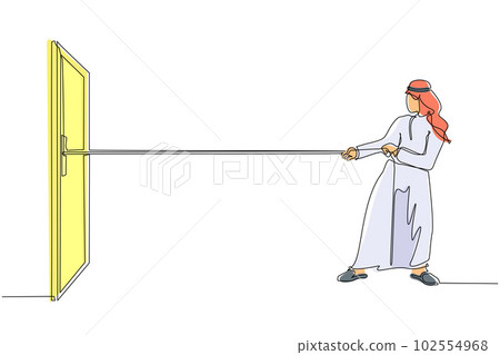 Single one line drawing Arabian businessman pulling rope to drag door, metaphor to facing big problem. Business struggles. Strength for success. Continuous line draw design graphic vector illustration 102554968
