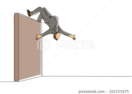 Single one line drawing businessman jumping over brick wall with acrobatic over head style to achieve his goal. Businessman jumping over the wall of barriers. Modern continuous line draw design vector Single one line drawing businessman jumping over brick wall with acrobatic over head style to achieve his goal. Businessman jumping over the wall of barriers. Modern continuous line draw design vector 102555075