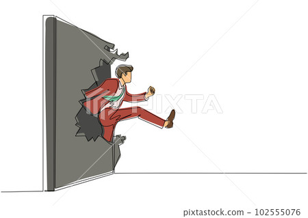 Single continuous line drawing businessman run and breaking through brick wall. Leadership concept. Business concept of obstacle and solution. Dynamic one line draw graphic design vector illustration Single continuous line drawing businessman run and breaking through brick wall. Leadership concept. Business concept of obstacle and solution. Dynamic one line draw graphic design vector illustration 102555076