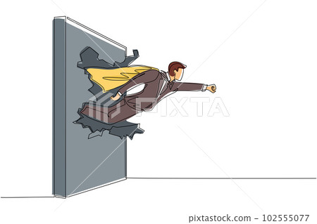 Continuous one line drawing super businessman punches and breaks the wall. Flying man breaks the wall. Business concept power, success and overcome difficulties. Single line draw design vector graphic Continuous one line drawing super businessman punches and breaks the wall. Flying man breaks the wall. Business concept power, success and overcome difficulties. Single line draw design vector graphic 102555077