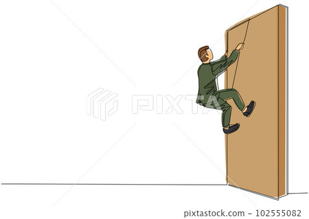 Continuous one line drawing business determination concept with businessman climbing over wall with rope. Ambition, motivation, career growth, success, strength. Single line draw design vector graphic Continuous one line drawing business determination concept with businessman climbing over wall with rope. Ambition, motivation, career growth, success, strength. Single line draw design vector graphic 102555082