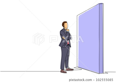 Single one line drawing businessman thinking in front of big obstacle or wall. Abstract representing risk management. Finding solution and problem solving concept. Continuous line draw design vector 102555085