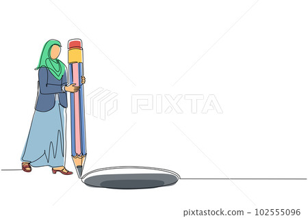 Single one line drawing Arabian businesswoman making circle of holes with large pencil. Business cheating. Woman making hole trap. Metaphor. Failure. Defeat. Continuous line draw design graphic vector Single one line drawing Arabian businesswoman making circle of holes with large pencil. Business cheating. Woman making hole trap. Metaphor. Failure. Defeat. Continuous line draw design graphic vector 102555096
