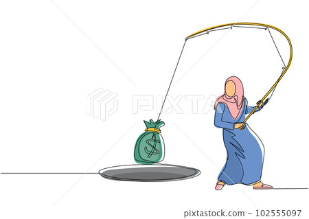 Single continuous line drawing Arabian businesswoman holding fishing rod got big money bag from hole. Woman catching money bag with fishing rod. Business concept. One line draw graphic design vector Single continuous line drawing Arabian businesswoman holding fishing rod got big money bag from hole. Woman catching money bag with fishing rod. Business concept. One line draw graphic design vector 102555097