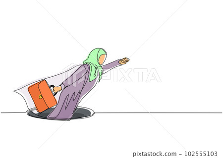 Continuous one line drawing flying Arabian businesswoman with wing and briefcase coming out of holes. Woman leading financial rising from hole. Business growth concept. Single line draw design vector 102555103