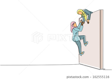 Single one line drawing Arabic businesswoman helping another woman climb wall. Confident successful leading businesswoman helping another one to get over brick wall. Continuous line draw design vector 102555116