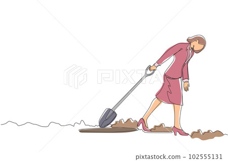 Single continuous line drawing Arab businessman walking unsteadily leaving hole dug dragging shovel. Man dig in tunnel trying to get to goal. He gave up and stopped trying. One line draw design vector 102555131