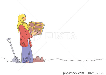 Single continuous line drawing Arab woman hunter seeker hold chest find treasure in ground. Excited businesswoman with gem artefact. Treasure gold hunting. Dynamic one line draw graphic design vector Single continuous line drawing Arab woman hunter seeker hold chest find treasure in ground. Excited businesswoman with gem artefact. Treasure gold hunting. Dynamic one line draw graphic design vector 102555136