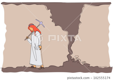 Continuous one line drawing businesswoman give up before reach money and diamonds. Worker gives up digging not knowing precious diamond is almost revealed. Single line draw design vector illustration 102555174