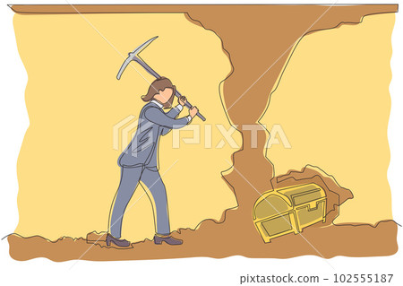 Single continuous line drawing Arabian businessman digging with pickaxe to get diamond. Worker digging and mining for diamond in an underground tunnel. One line draw graphic design vector illustration 102555187