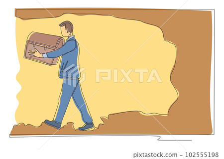 Single one line drawing businessman carrying treasure chest from underground. Treasure digging, growth wealth concept lucky rich man, hard working process. Continuous line draw design graphic vector Single one line drawing businessman carrying treasure chest from underground. Treasure digging, growth wealth concept lucky rich man, hard working process. Continuous line draw design graphic vector 102555198