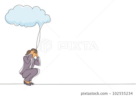 Single continuous line drawing businesswoman feeling sad, depression sitting under rain and cloud. Unhappy depressed loneliness sad worker in stress with problem. One line draw graphic design vector Single continuous line drawing businesswoman feeling sad, depression sitting under rain and cloud. Unhappy depressed loneliness sad worker in stress with problem. One line draw graphic design vector 102555234