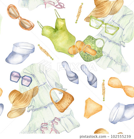 Woman's beach outfit seamless pattern isolated on white. Summer collection of dress, swimsuits, sunglasses watercolor hand drawn. Design for shop, sale, textile, packaging, showcase, summer print 102555239