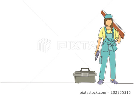 Single continuous line drawing timber frame house construction worker. Repairwoman standing with board, tool box, and drill. Building, construction, repair work services. One line draw design vector Single continuous line drawing timber frame house construction worker. Repairwoman standing with board, tool box, and drill. Building, construction, repair work services. One line draw design vector 102555315