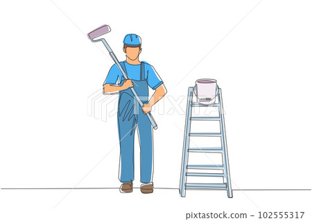 Continuous one line drawing painter man in overalls with a painting roller, with bucket and ladder. Room painter. Handyman. Construction worker. Single line draw design vector graphic illustration Continuous one line drawing painter man in overalls with a painting roller, with bucket and ladder. Room painter. Handyman. Construction worker. Single line draw design vector graphic illustration 102555317
