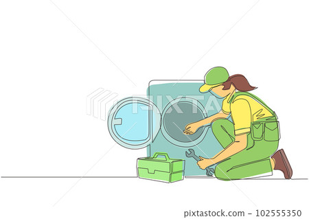 Washing Using Machine Drawing Single continuous line drawing professional... - Stock Illustration ...
