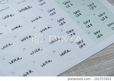 4 day work week printed calendar with weekend days four day working week concept. Modern approach doing business short workweek. Effectiveness of employees. Productivity and efficiency 4 day work week printed calendar with weekend days four day working week concept. Modern approach doing business short workweek. Effectiveness of employees. Productivity and efficiency 102555601