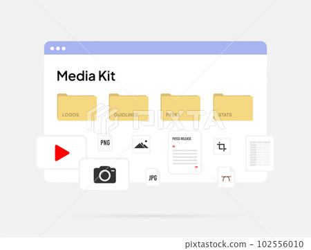 Media kit or press kit concept. Pre-packaged promotional materials - photo, logo, video, press release, guidelines to provide information to media. Ideal for release announcements and news conferences Media kit or press kit concept. Pre-packaged promotional materials - photo, logo, video, press release, guidelines to provide information to media. Ideal for release announcements and news conferences 102556010