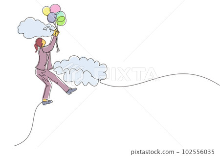 Single continuous line drawing businesswoman floating with balloon. Woman holding balloon flying through cloud. Worker reaches goal, target, finds solution. One line graphic design vector illustration 102556035