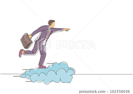 Single one line drawing businessman holding briefcase ride cloud, pointing forward, go to future, business concept. Man on cloud way to success. Continuous line draw design graphic vector illustration 102556036