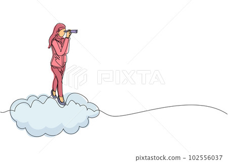 Single continuous line drawing Arab businesswoman riding high cloud holding telescope or binocular to search for business visionary. Leadership vision company strategy. One line graphic design vector 102556037