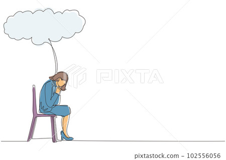 Single one line drawing businesswoman sitting under rain cloud. Business failure. Worried woman thinking about business with negative trend. Collapse of economy. Continuous line design graphic vector Single one line drawing businesswoman sitting under rain cloud. Business failure. Worried woman thinking about business with negative trend. Collapse of economy. Continuous line design graphic vector 102556056