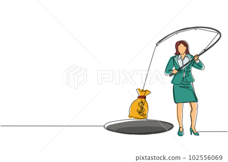 Single continuous line drawing businesswoman holding fishing rod got big money bag from hole. Woman catching money bag with fishing rod. Business concept. One line graphic design vector illustration 102556069