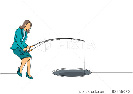 Single continuous line drawing businesswoman holding fishing rod from hole. Woman fishing with rod. Business investment concept. Make money from idea. One line draw graphic design vector illustration Single continuous line drawing businesswoman holding fishing rod from hole. Woman fishing with rod. Business investment concept. Make money from idea. One line draw graphic design vector illustration 102556070