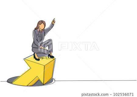Single one line drawing businesswoman standing on arrows coming out of holes. Woman leading financial graph rising from hole. Business growth concept. Modern continuous line draw design graphic vector Single one line drawing businesswoman standing on arrows coming out of holes. Woman leading financial graph rising from hole. Business growth concept. Modern continuous line draw design graphic vector 102556071