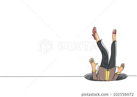 Single one line drawing businesswoman falling into pit hole. Legs up. Logo protruding legs from the hatch, puddles. Metaphor. Failure. Defeat. Continuous line draw design graphic vector illustration Single one line drawing businesswoman falling into pit hole. Legs up. Logo protruding legs from the hatch, puddles. Metaphor. Failure. Defeat. Continuous line draw design graphic vector illustration 102556072