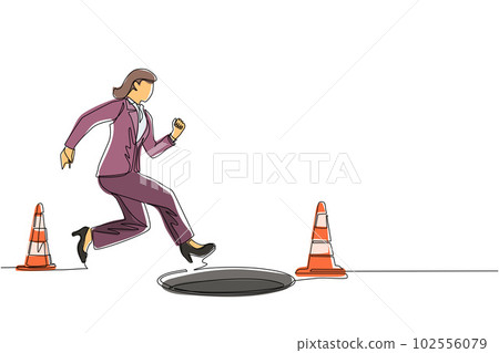 Continuous one line drawing blindfolded businesswoman running to find money with pit hole. Woman runs to business trap. Blind investment concept. Metaphor. Single line draw design vector illustration 102556079