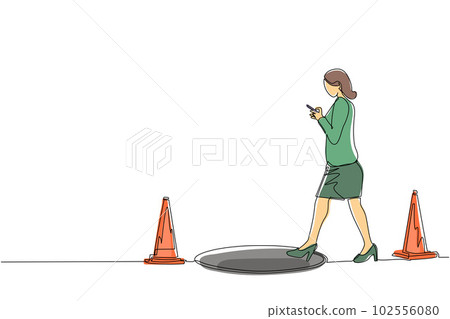 Single continuous line drawing businesswoman character going on street watching by smart phone, did not see open manhole. Woman walks to business trap. One line draw graphic design vector illustration 102556080