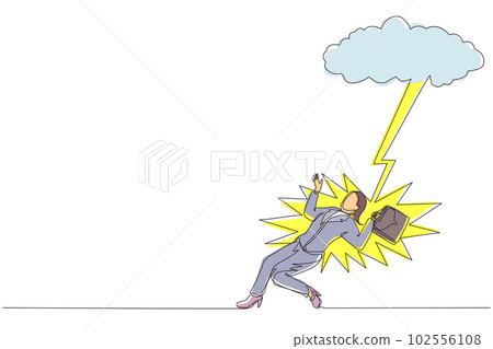 Single continuous line drawing businesswoman struck by lightning or thunder from dark cloud. Bad luck, misery, unfortunate, unlucky, disaster, risk, and danger. One line draw graphic design vector Single continuous line drawing businesswoman struck by lightning or thunder from dark cloud. Bad luck, misery, unfortunate, unlucky, disaster, risk, and danger. One line draw graphic design vector 102556108