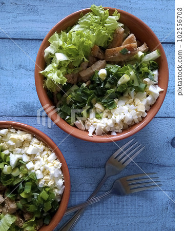 Homemade food. Poke, a healthy salad with chicken, egg Homemade food. Poke, a healthy salad with chicken, egg 102556708