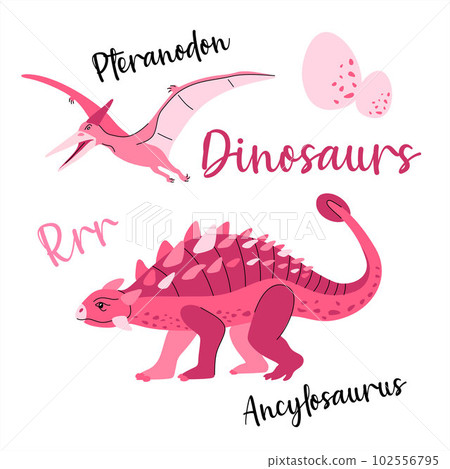 Cute dinosaur drawn as vector on white for kids fashion. Palm and volcano. Ancylosauros. Pteranodon. 102556795