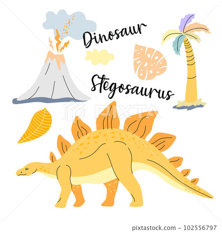 Cute dinosaur drawn as vector on white for kids fashion. Palm and volcano. Stegosaurus. 102556797