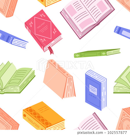 Seamless pattern with books in colorful covers. Textbooks for reading and learning. Hand drawn vector illustration isolated on white background. Seamless pattern with books in colorful covers. Textbooks for reading and learning. Hand drawn vector illustration isolated on white background. 102557877