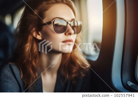 坐在飛機座位上的女商人 102557941