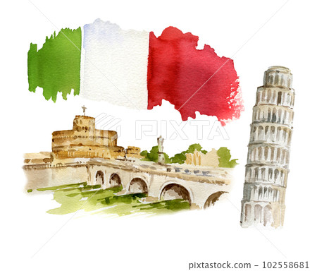 watercolor illustration of Rome, Pisa Italy, hand drawn panorama of Tiber, bridge and old tower with flag of Italy watercolor illustration of Rome, Pisa Italy, hand drawn panorama of Tiber, bridge and old tower with flag of Italy 102558681