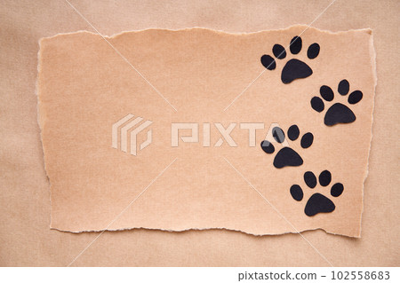 Postcard with paw foot trail icon, paper art style. Animal love concept, greeting card, invitation mockup Postcard with paw foot trail icon, paper art style. Animal love concept, greeting card, invitation mockup 102558683