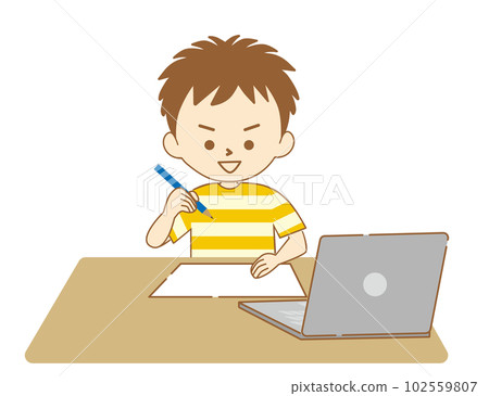 A boy doing remote learning at a computer with a pencil 102559807