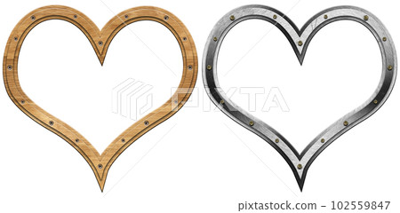 Hearts with Wooden and Metal Frame Isolated on White Background 102559847