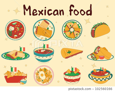 Set of Mexican traditional food. Vector illustration in hand drawn style Set of Mexican traditional food. Vector illustration in hand drawn style 102560166