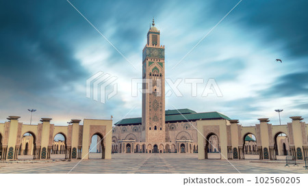 Casablanca, Morocco -April 2023: The Hassan II Mosque, built on the Atlantic Ocean. Impressive architecture and intricate details showcase the country's rich cultural heritage and religious devotion. Casablanca, Morocco -April 2023: The Hassan II Mosque, built on the Atlantic Ocean. Impressive architecture and intricate details showcase the country's rich cultural heritage and religious devotion. 102560205